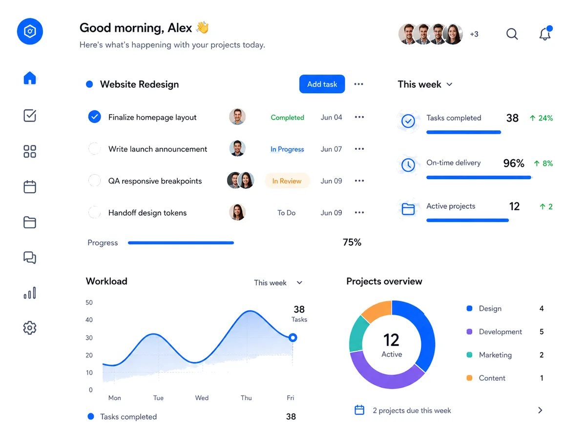 TasqPlace dashboard showing tasks, workload chart, and projects overview